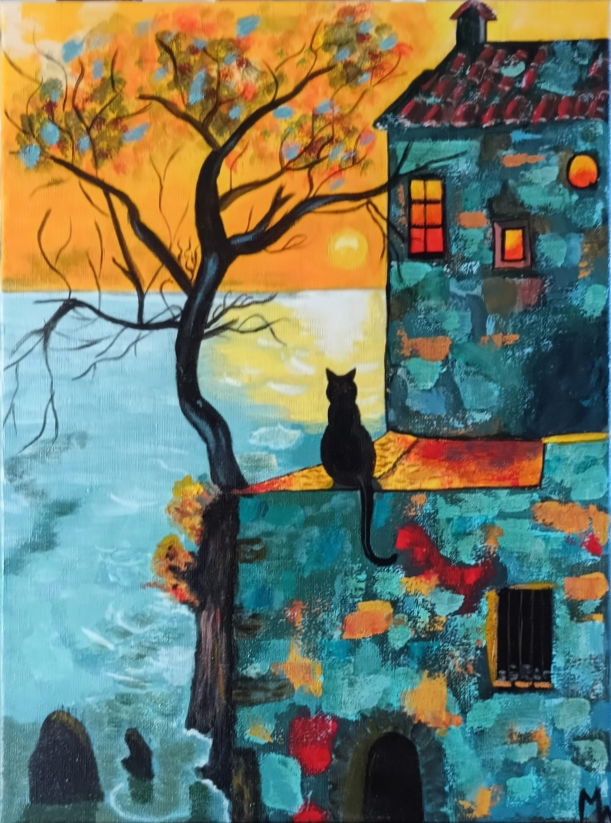 Chat sous la lune 30x40